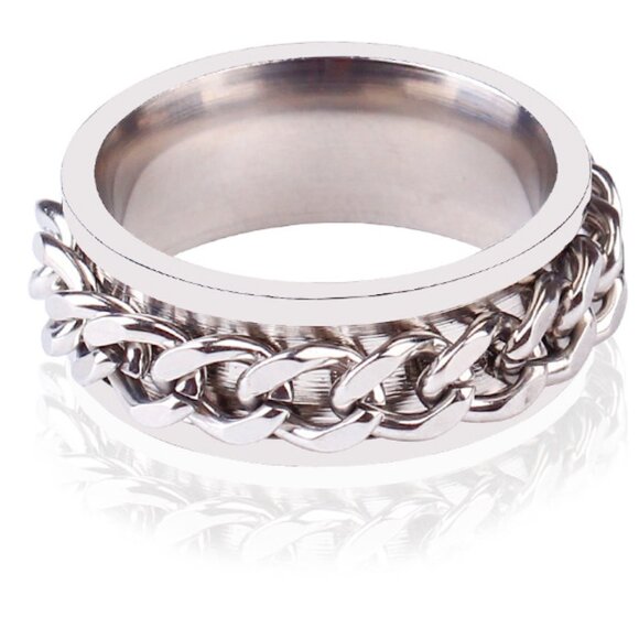 3/$35 Silver Tone Stainless Steel Band Ring Chain Design Unisex Men Women - Picture 5 of 5